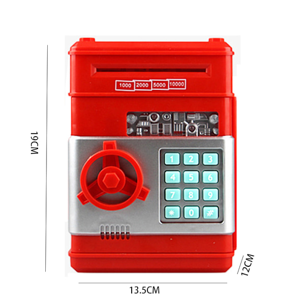 Sparebøsse, fødselsdagslegetøjsgave, elektronisk pengeautomat til rigtige penge, stor sparebøsse plasteskab, søde børneartikler (rød+sølv),