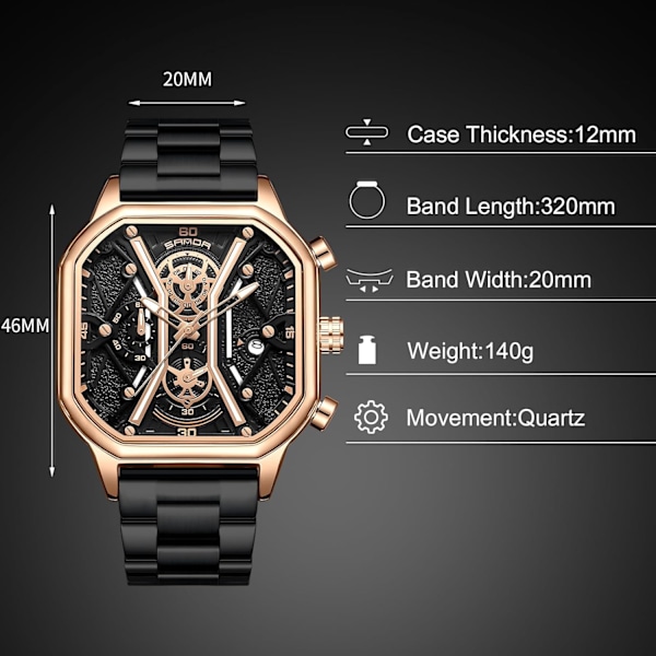 Herrar Business Rostfritt Stål Klocka Luminous Analog Armbandsur Multifunktionell Chronograph Klocka Mode Kvadratisk Klocka Svart Guld C Black gold C