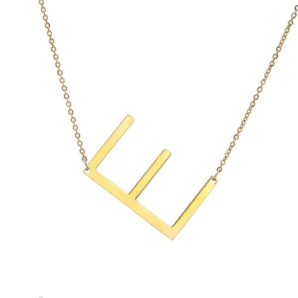 Necklace with Large Initial Pendant in Gold Plated Stainless Steel E