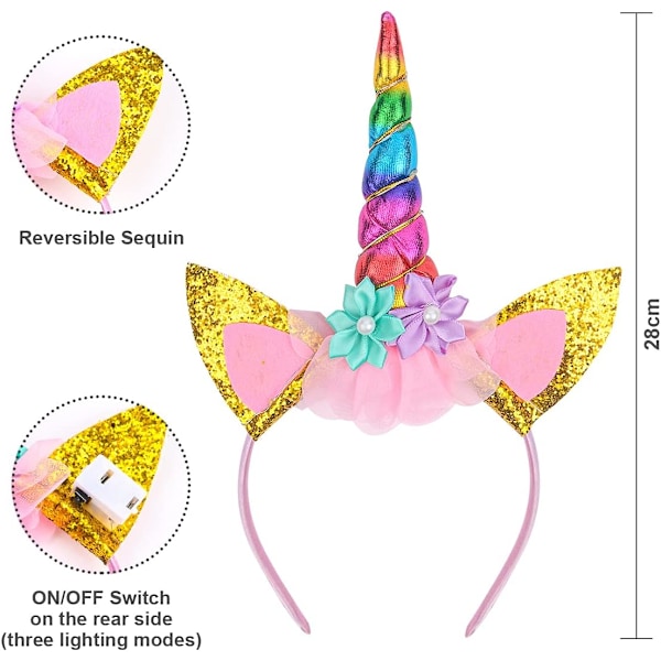 LED Enhörning Klänning Uppklädningskostym för Flickor, Ljus-Upp Tutu, Hårband & Trollstav (Åldrar 2-10)
