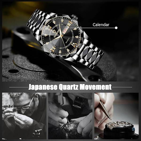 Elegant Kvarts Armbåndsur for Menn Klassisk Rustfritt Stål Herreklokke Diamant Vannresistent Klokker Multifunksjonell Forretningsklokke for Menn Svart Gull B Black gold B