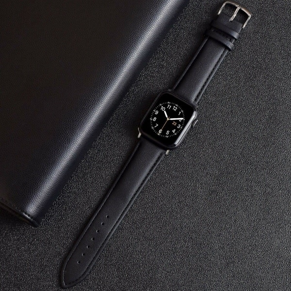 SQBB för Apple Watch Series 7 6 SE 5 4 38/40/41/42/44/45 mm Band i äkta läder [svart, 42 mm/44 mm/45 mm] Svart ingen
