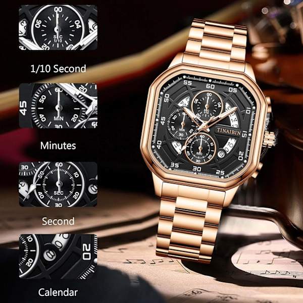 Analog Kvarts Herrklocka Mode Multifunktionell Armbandsur Kronograf Luminous Watch Män Stål Herrklocka Kvadratisk Fritidsklocka Guld A Gold A