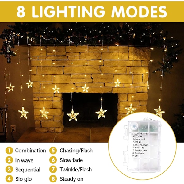 LED Julelys Stjernegardin - Utvidbart Lys med Fjernkontroll, 8 Moduser, for Jul & Bryllup Remote control A