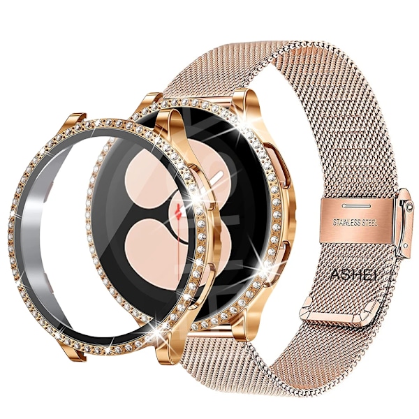 For Samsung Galaxy Watch 4 5 6 Band Fall 40Mm 44Mm Mesh Loop Rustfritt Stål Rem Bling Fall Härdat Glas Skärmskydd rose gold set galaxy watch 5 40mm