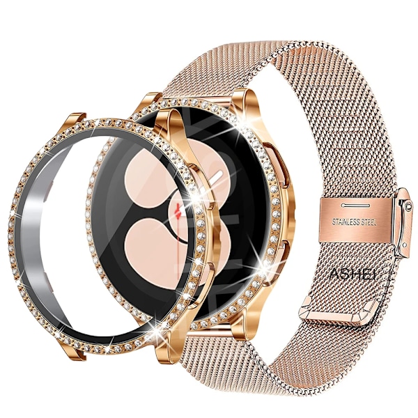 Samsung Galaxy Watch 4 5 6 -kellolle 40 mm ja 44 mm mesh-lenkki ruostumattomasta teräksestä, bling-kotelo, karkaistu lasi näytönsuojakalvo, rose gold -setti watch6 40 mm