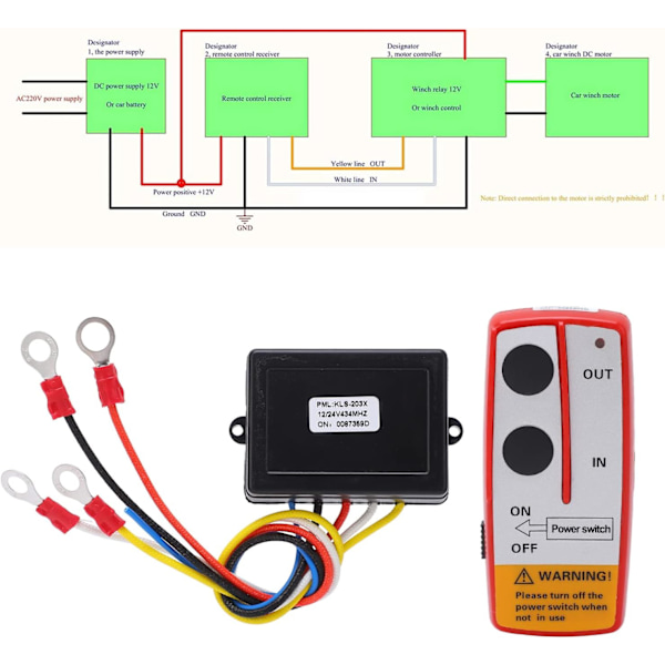 Trådløs vinsj fjernkontrollsett, Universal vinsj trådløs fjernkontrollbrytersett med mottaker 12V 24V for lastebil ATV SUV (Rød) Röd