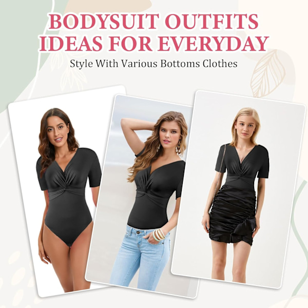 Body Kvinner Kort Ermet, Body Dame Bodysuit, Kvinner Skulpturerende Kroppsdrakt Med Rosett, V-Hals Body Sexy Bodysuit Stretch T-Shirt M