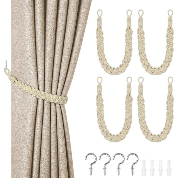 Puuvillaköyden Verhotarrat, 4-Paketti Käsinneulottuja Verhokiinnitteitä, Harmaa White-4 pcs
