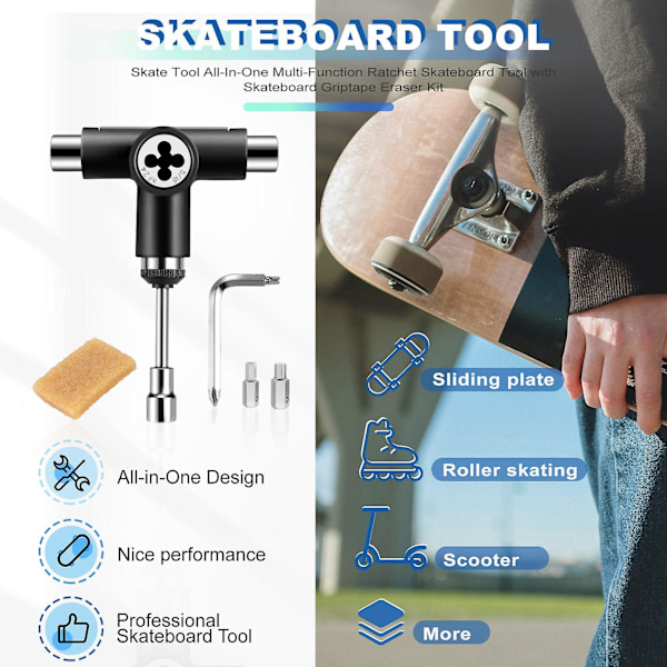 Skate Tool Allt-i-ett multifunksjons Ratchet Skateboard Tool med Skateboard Griptape Eraser Kit