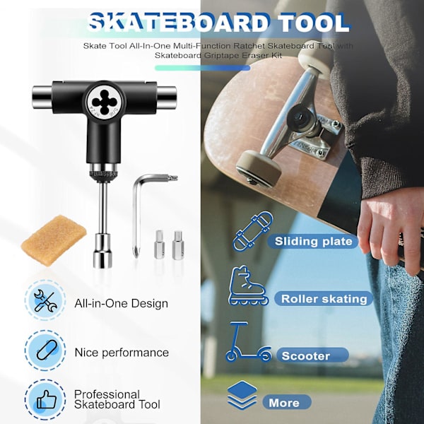 Skateboard-værktøj Alt-i-én multifunktions Ratchet Skateboard-værktøj med Skateboard Griptape Eraser Kit