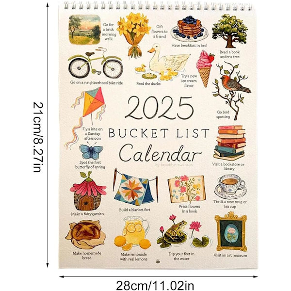 2025 Bucket List Väggkalender - 12 Månader Spiralbunden med Anteckningar och Att-Göra-Listor