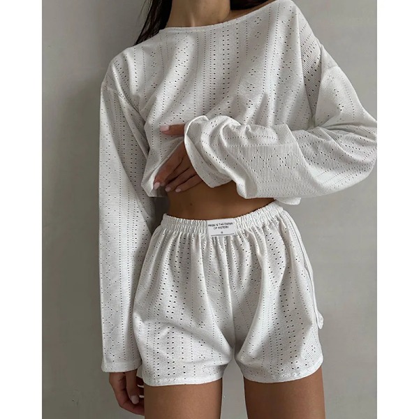 Kvinnors Pyjamas Set Vår Långärmad Toppar Med Shorts Nattkläder 2 Delar Set Lös Rund Hals Pyjamas Feme Gul L