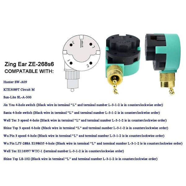 3st Ze-268s6 takfläktbrytare 3 hastigheter 4 tråd för takfläktar och vägglampor Drakedjebrytare