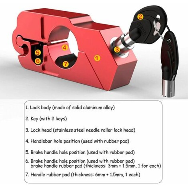 Motorcykelbromslås, aluminiumlegering Motorcykelstyrelås Stöldskyddslås Säkerhetslås (röd)