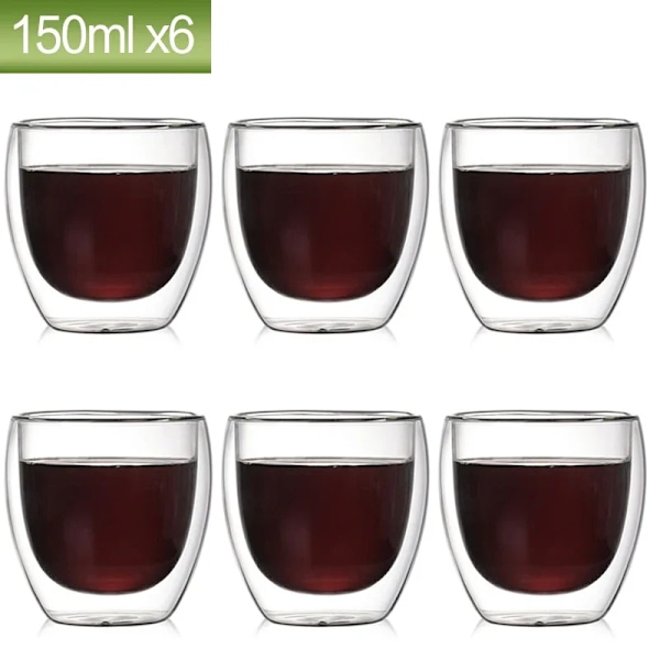 80ml dubbelväggglaskopp 2/12ST Transparent handgjord värmebeständig tedrink set Espresso kaffe Mjölkmuggar Present 6pcs 150ml As shown