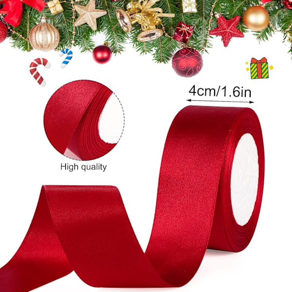 2 Rullar 1.6 tum x 50 yards Röd Satinband, Dubbelsidig Polyester för Presentinslagning & Hantverk Red