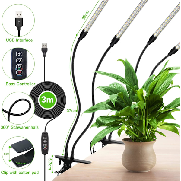 2-pack LED-växtlampa, 320 LED, Fullspektrum, Timer, Justerbar Ljusstyrka för Inomhusväxter