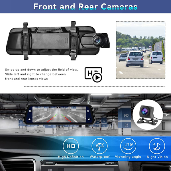 Spegel Dash Cam med trådlös Apple CarPlay Android Auto, 1080P Fram och Bak Dubbel Dash Cam för Bilar, Lastbilar, 9,66 '' IPS Pekskärm med Natt Visi
