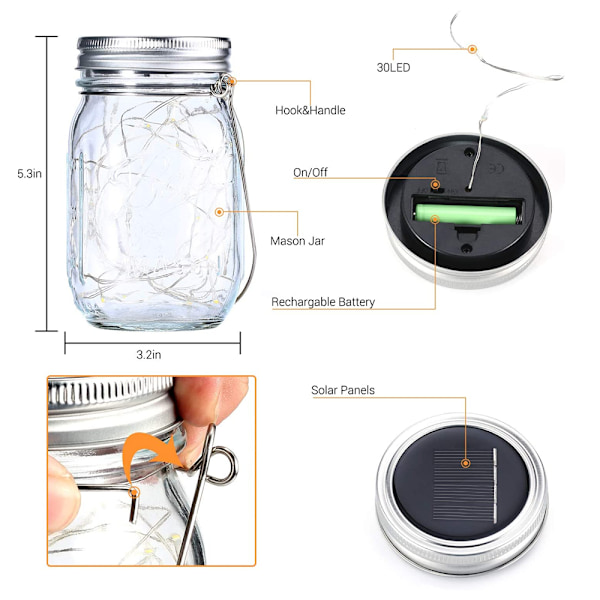 20 LED 10-pack Mason Jar Lock Solar Lights med hängare för Mason
