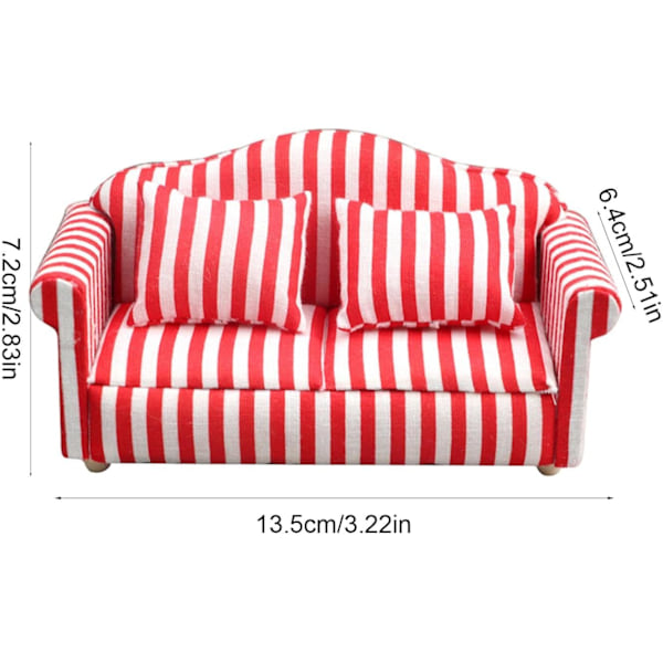 Nukkekodin sohva ja nojatuolisetti - 1:12 mittakaava Punainen ja valkoinen raidallinen miniatyyrihuonekalulelu RED double sofa