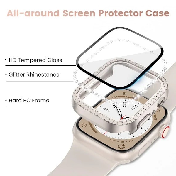 Diamantglass+ deksel for Apple Watch Case 45 mm 41 mm 40 mm 44 mm 42 mm 38 mm Bling Bumper+ Skjermbeskytter iwatch Series 9 8 7 3 6 SE Clear Series 321 38MM