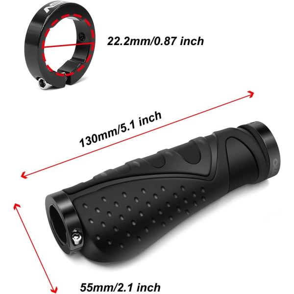 SQBB Cykelstyrhandtag Gummi Halkfritt ergonomiskt MTB-grepp cykelhandtag med aluminiumlås Handtag, svart (22mm)