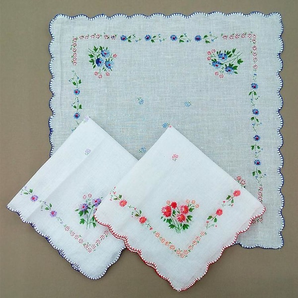 12-pack broderade näsdukar med blommönster för damer, med satinkant, 100 % bomull