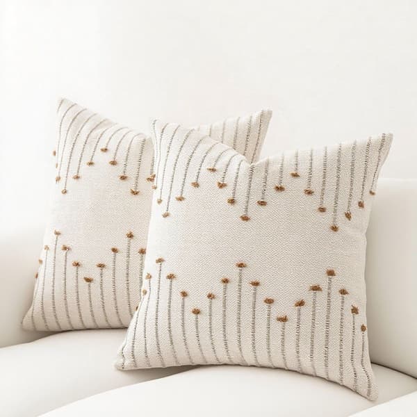Pudebetræk, Tekstureret Bomuld-Polyester, Usynlig Lynlås, Bondegårdssofa Indretning, Beige Og Brun, 18x18 Tommer, Sæt Af 2