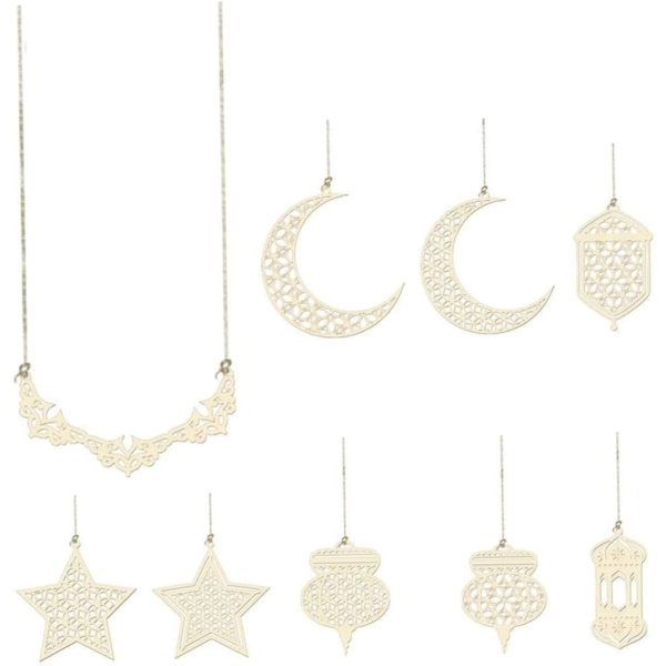 Trehengende pynt, hengende eid mubarak, tredekorasjoner for eid mubarak hjemmefestdekor, utlånt treheng 8st-Abcdefhi