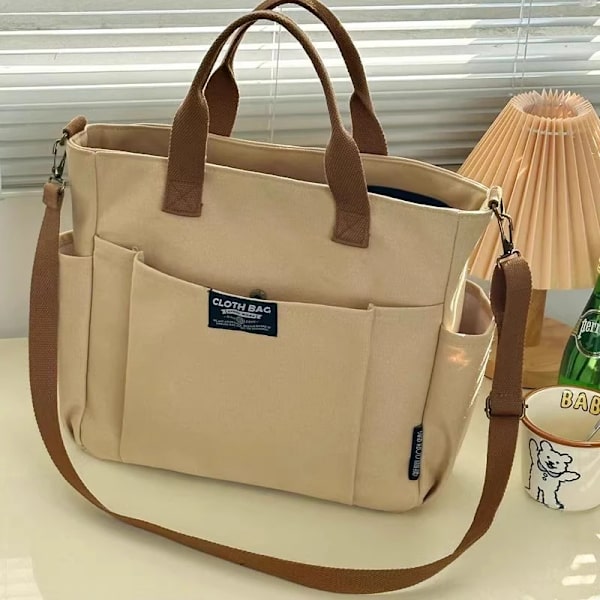 Urban Minimalistisk Kvindelig Student Stor Kapacitet Pendla Horisontal Lærred Enkel Axel Diagonal Cross Bærbar Tote Taske Khaki