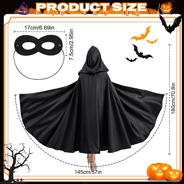 Svart Halloween-kappa med ögonmask, Djävulskostym för vuxna och barn