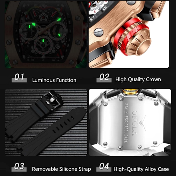 Mænds Tonneau Ur Analog Kvarts Multifunktionel Chronograf Moderigtig 5 ATM Vandafvisende Armbåndsur med Silikonrem Hvid White