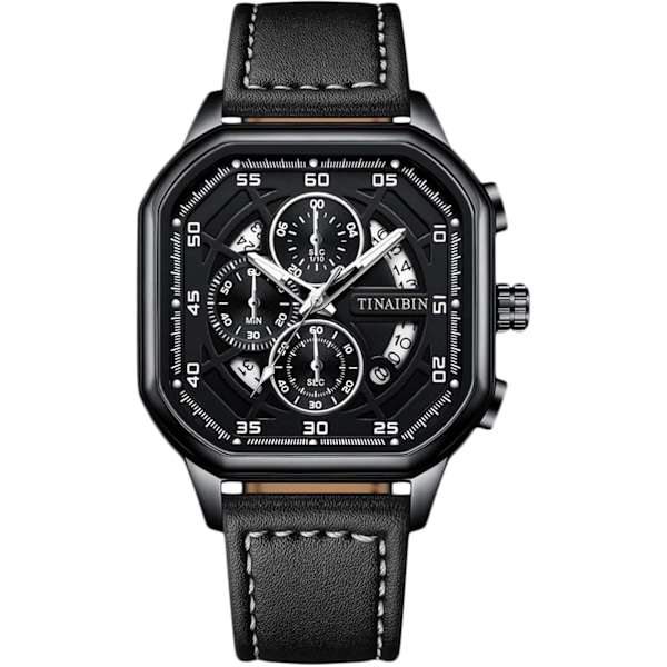 Men's Watches Fashion Multifunctional Wristwatch Chronograph Luminous Watch Men Stainless Steel Men's Watch Square Leisure Watch Black B