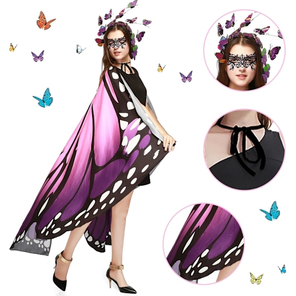 Fjärilskap för kvinnor - Inkluderar fjärilstiara & spetsmask för Halloween & Cosplay