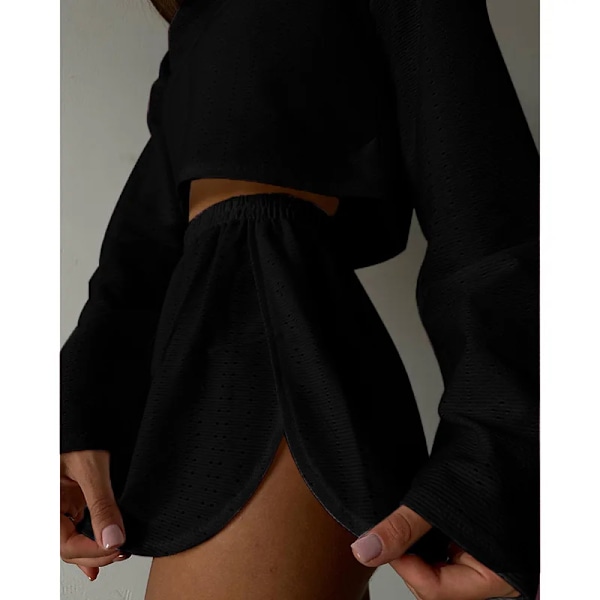 Kvinnors Pyjamas Set Vår Lång Ärm Toppar Med Shorts Nattkläder 2 Bit Set Lös Rund Hals Pyjamas Feme Gul S