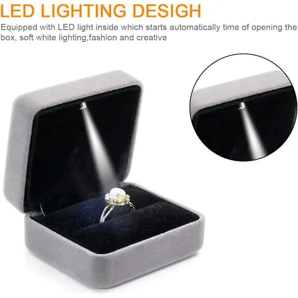 Sammet Ringbox med LED-ljus Smyckeskrin Presentförpackning Lämplig för Frieri, Förlovning, Bröllop Grå Grey