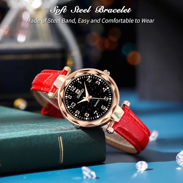 Damer Mode Ure Kvinder Rustfrit Stål Armbåndsur Elegant Læder Armbåndsur Analog Kvarts Dameur Kvinder Vært Ur Rød RED