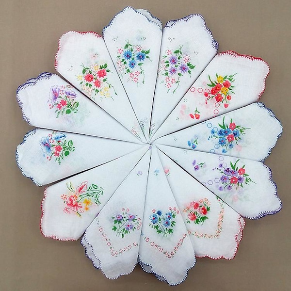12-pack broderade näsdukar med blommönster för damer, med satinkant, 100 % bomull