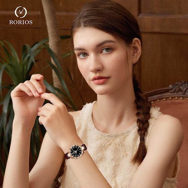 Damklocka i rostfritt stål, elegant läderarmbandsklocka, analog kvartsklocka för kvinnor, värdklocka, brun Brown