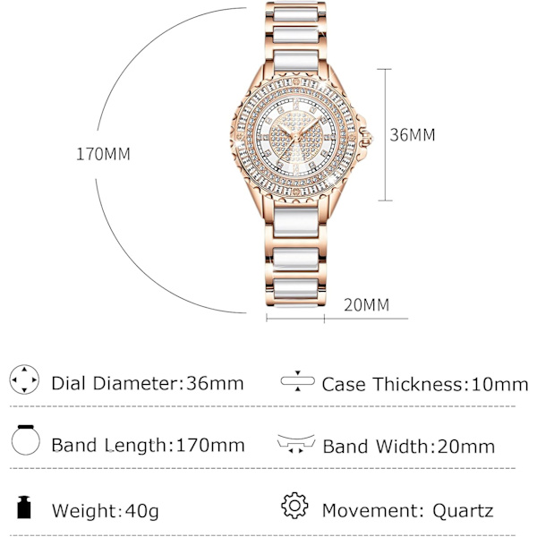 Dames Analogt Kvartsur Armbåndsur i Rustfrit Stål med Fuldt Diamantbesætning - Vandafvisende, Lysende, Elegant Kvadratisk Diamantur - Hvid White
