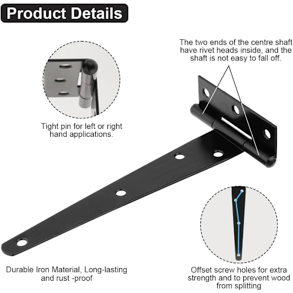 T-hengsler, 4 stk 6 tommers hageport hengsler med skruer for dører og vinduer 4 pcs - black 6 inch T-shaped