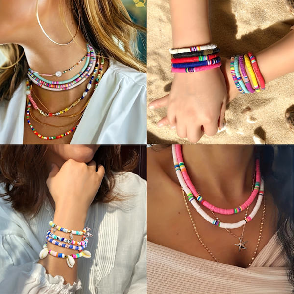 13600 st lerpärlor set för smycken armband halsband gör kit, platta runda polymer lera pärlor med elastisk sträng hängande charm kit