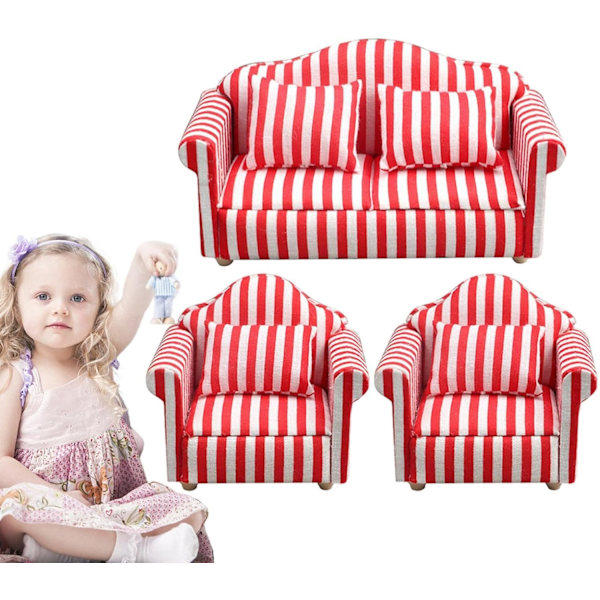 Nukkekodin sohvasetti - 1:12 mittakaava Punainen & Valkoinen Raidalliset Miniatyyri Nojatuolit Lasten Leikkikaluille RED Three piece set