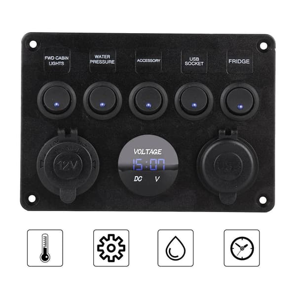 5-veis 12V/24V Inline sikringsboks LED-bryterpanel Dobbel USB Bil Båt Lastebil_maks