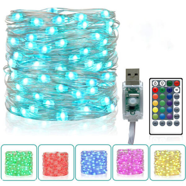 Färgade Fairy Lights, 10m 100 LED USB 16 Multicolor Changing Fairy Lights inomhus Silver Fairy Lights Fjärrkontroll för