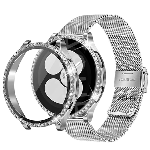 För Samsung Galaxy Klocka 4 5 6 Band Fall 40Mm 44Mm Mesh Loop Rostfritt Stål Rem Bling Fall Härdat Glas Skärmskydd silver set galaxy watch 4 40mm