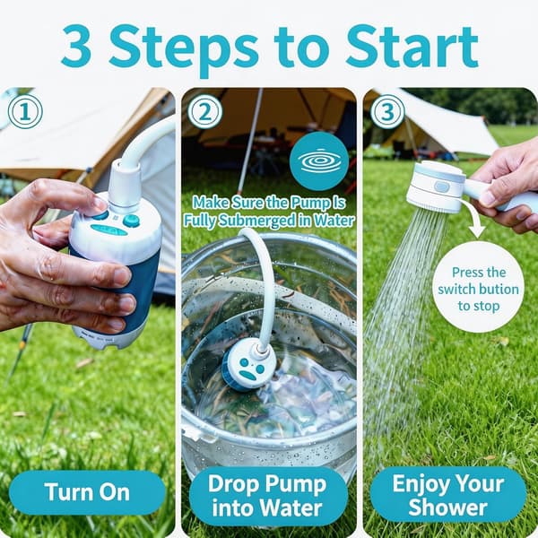Uppladdningsbar campingduschpump med justerbart vattenflöde och 2M slang för resor utomhusbruk vit blå