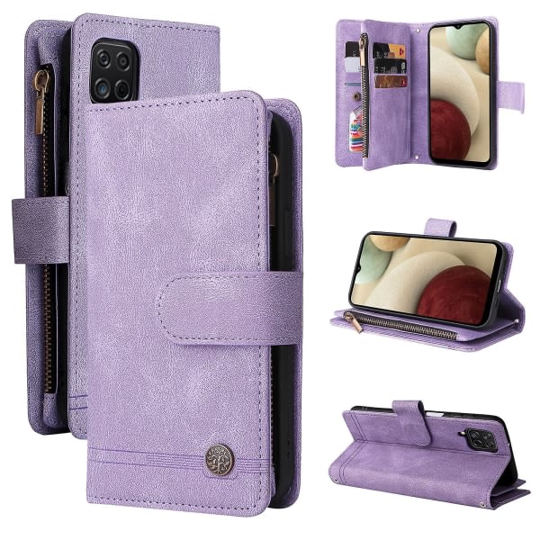 SQBB Etui for Samsung Galaxy A12 5g Lær Flip Etui med Kredittkortholder Pengeseddellomme Magnetiske knapper Etui Kickstand Støtsikkert Lilla A