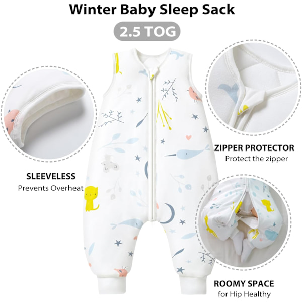 Babysovepose 2.5 TOG (varmeisolasjonsnivå 100% ren bomull, forskjellige størrelser, hele året, høst og vinter White animal 80cm (18-36 months)